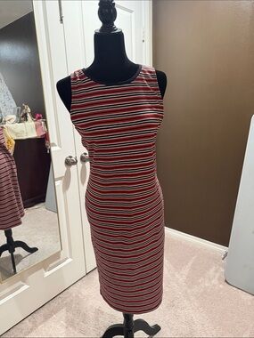 Cotton On Red, Black & White Striped Midi Bodycon Dress